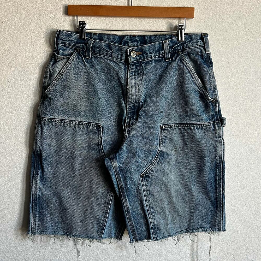 Carhartt faded denim blue jean double knee work wear carpenter shorts